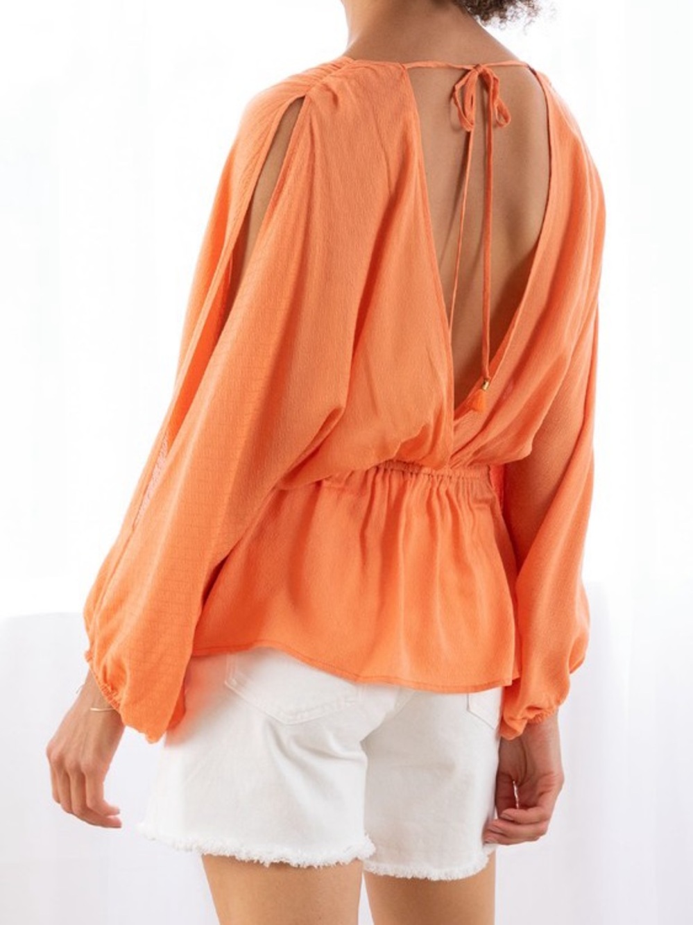 lovestitch Open-Back Peasant Top lightweight Peach Orange - faux wrap design- L